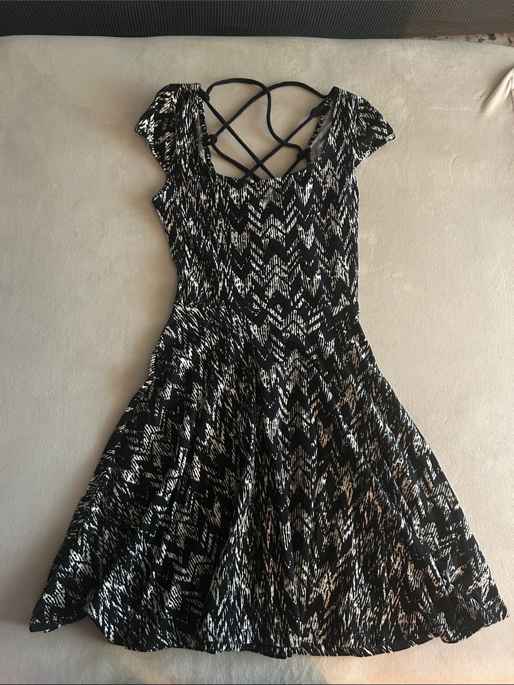 Milly Black and White One-Shoulder Fit-and-Flare Dress with Crisscross Back